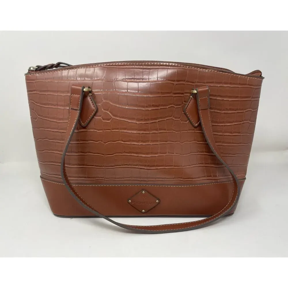 St. John's Bay Westbrooke Brown Top Zip Faux Leather Satchel Tote Bag‎